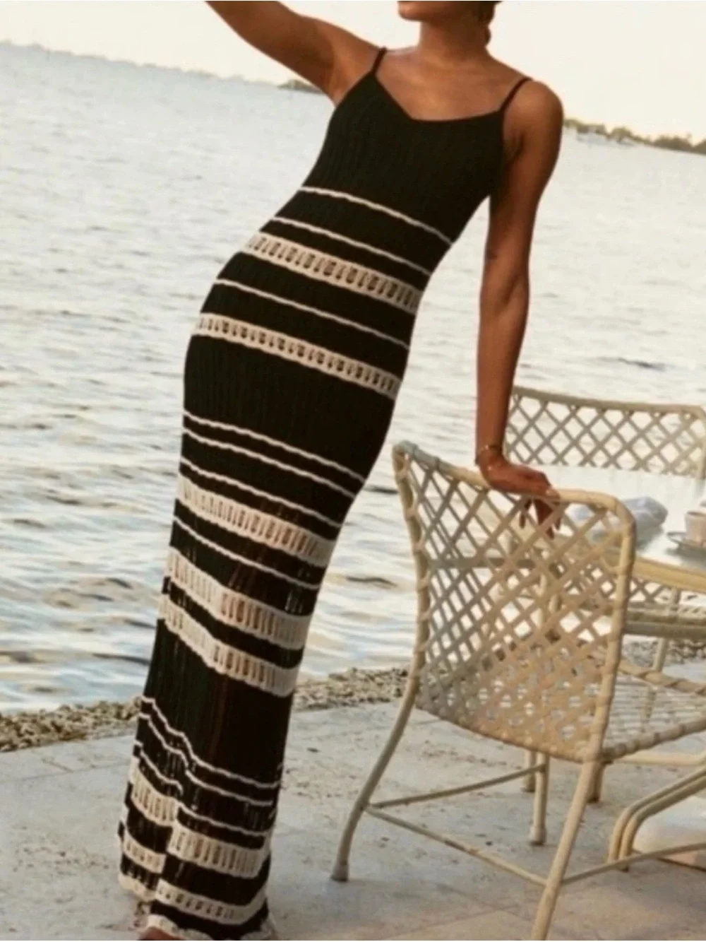 Abercrombie & Fitch Crochet Style Maxi Dress sz Medium Tall Black White